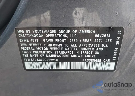 2015 Volkswagen Passat 1.8T S from USA, damaged, VIN 1VWAT7A32FC002219